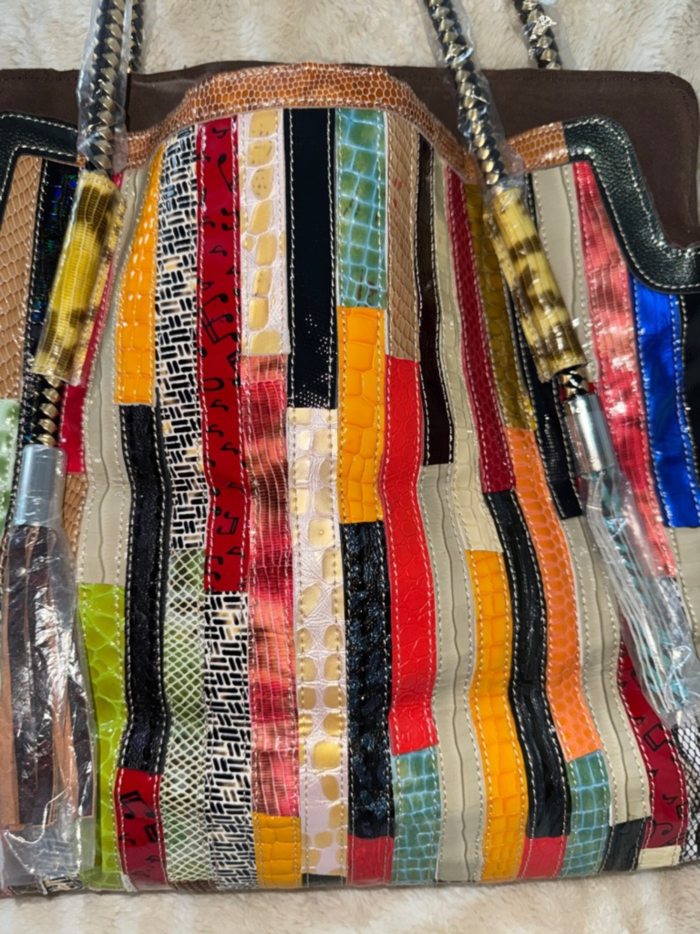 Multicolor Patchwork Oversized Patent Leather Tote Handbag Women's NWOT - Picture 4 of 15